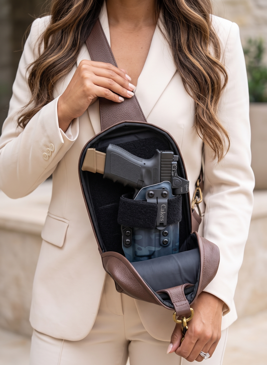 Woman in a cream suit carrying a concealed carry  bag with the front compartment open