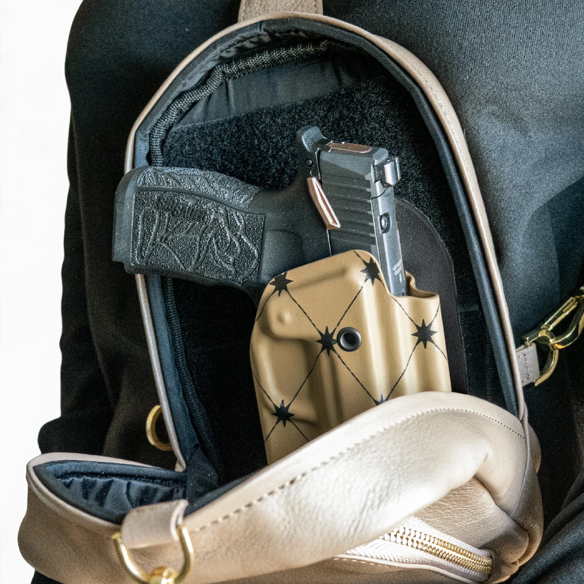 CAKES CONCEALED PRINTED ALMOND HOLSTER IN A CAKES CONCEALED BAG.