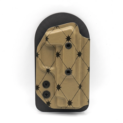 CAKES CONCEALED PRINTED ALMOND HOLSTER ON A BLACK VELCRO BACKER.