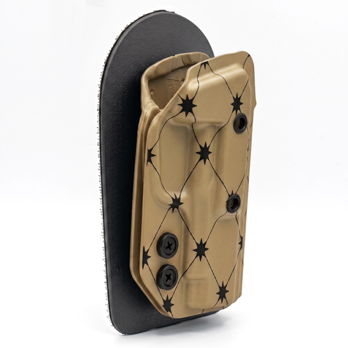 CAKES CONCEALED PRINTED ALMOND HOLSTER ON A BLACK VELCRO BACKER SIDE ANGLE.
