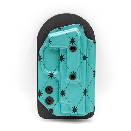 CAKES CONCEALED PRINTED AQUA HOLSTER ON A BLACK VELCRO BACKER.