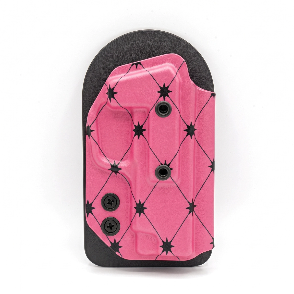 CAKES CONCEALED PRINTED BERRY PINK HOLSTER ON A BLACK VELCRO BACKER.