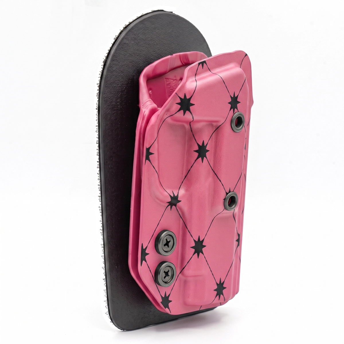 CAKES CONCEALED PRINTED BERRY PINK HOLSTER ON A BLACK VELCRO BACKER SIDE ANGLE. 