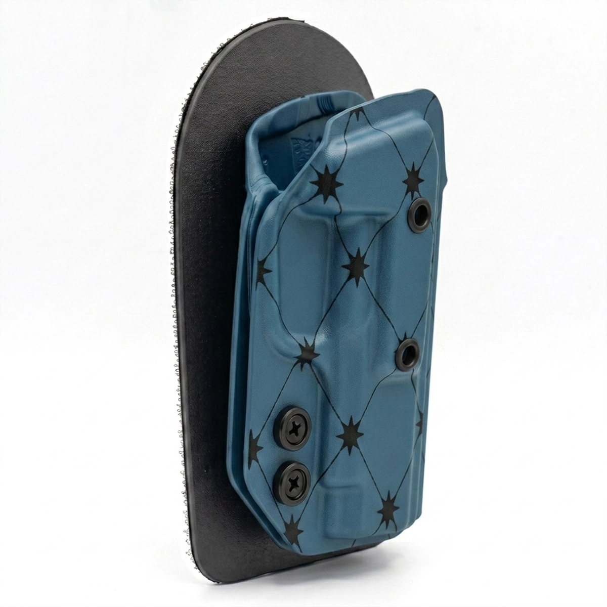CAKES CONCEALED PRINTED BLUEBERRY HOLSTER ON A BLACK VELCRO BACKER SIDE ANGLE.