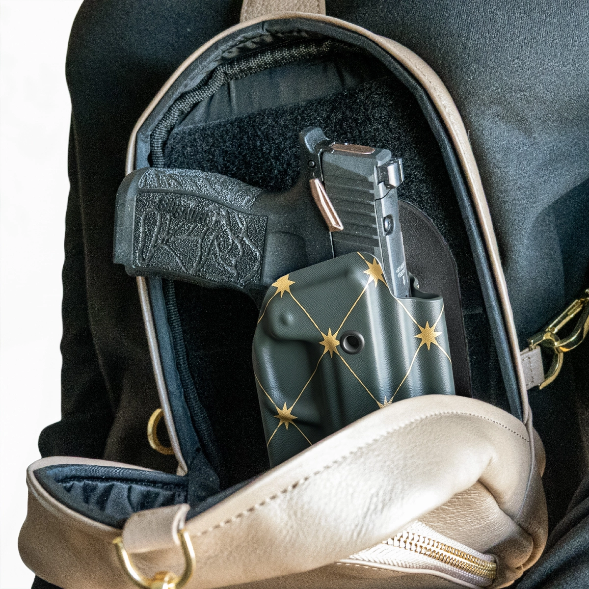 CAKES CONCEALED GOLD PREMIUM HOLSTER INSIDE A CAKES CONCEALED BAG.