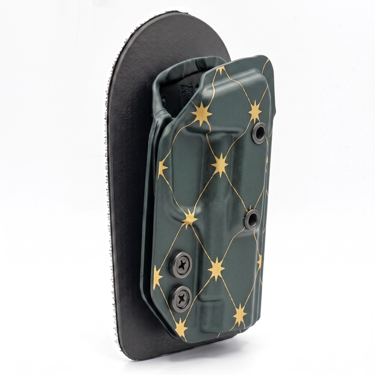CAKES CONCEALED GOLD PREMIUM HOLSTER ON A BLACK VELCRO BACKER ANGLED.