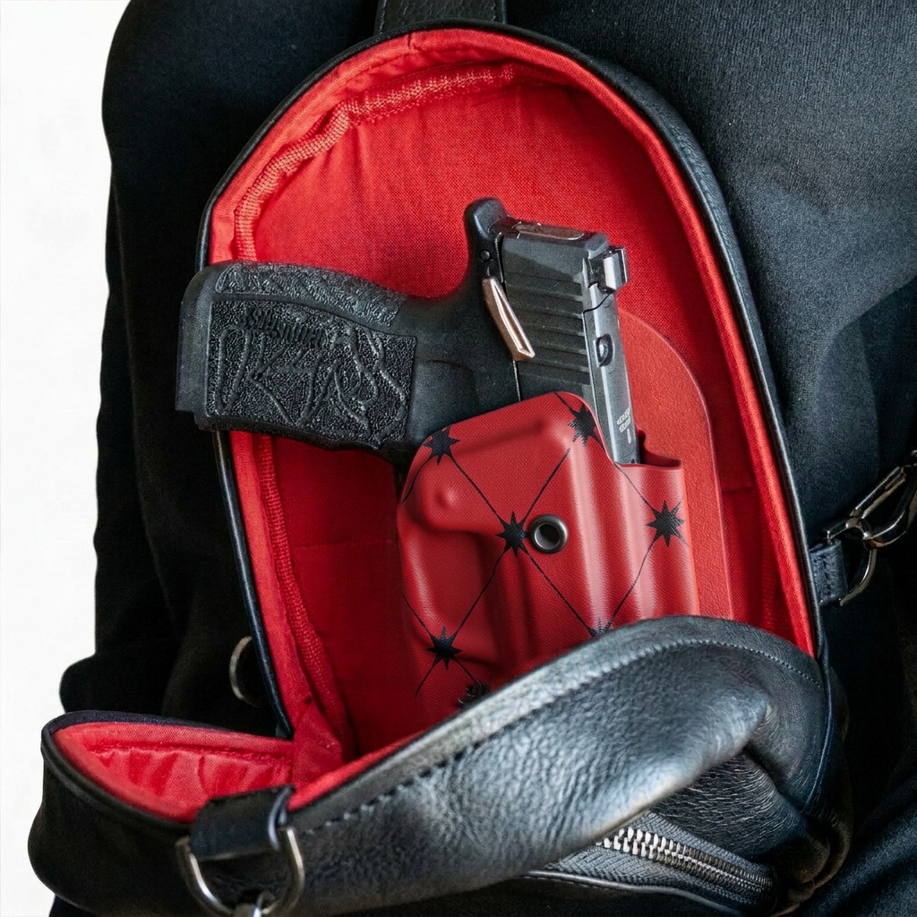 CAKES CONCEALED PRINTED RED HOLSTER IN A CAKES CONCEALED BAG.