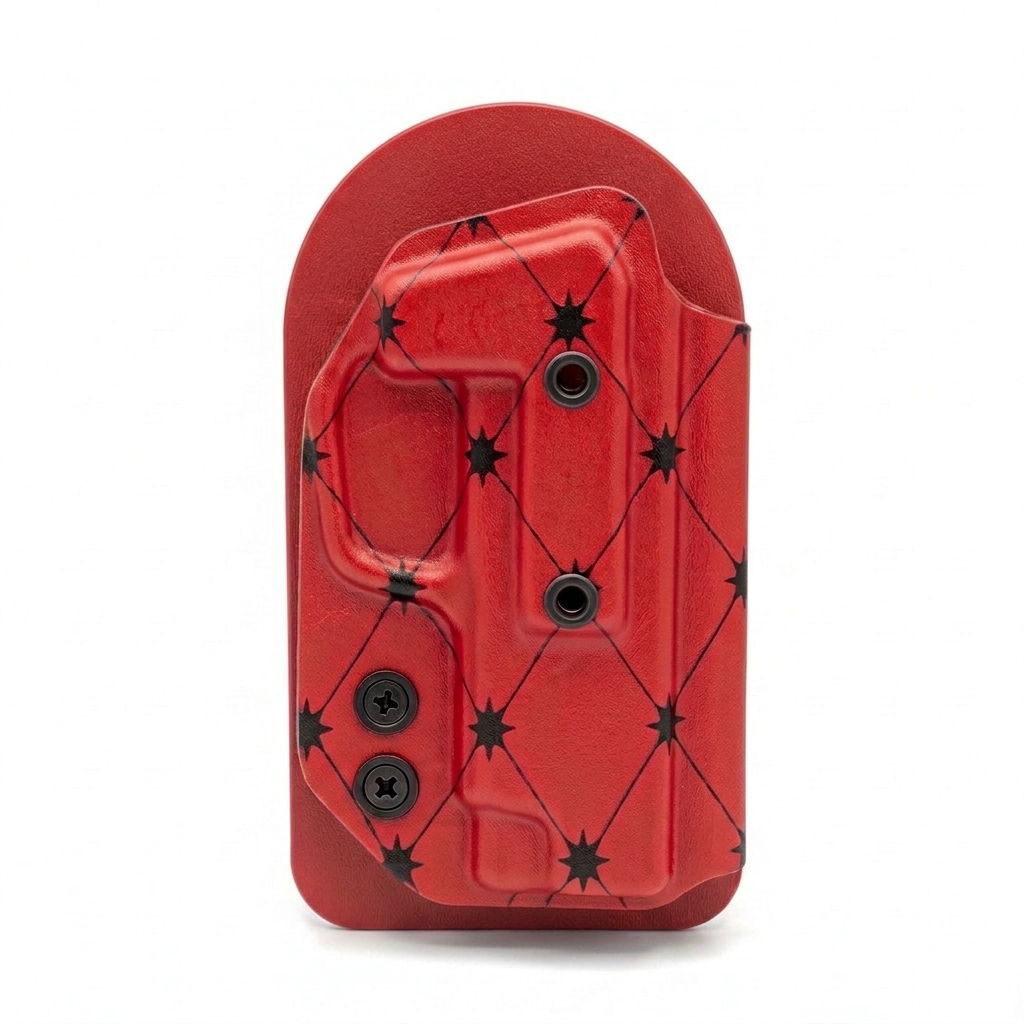 CAKES CONCEALED PRINTED RED HOLSTER ON A RED VELCRO BACKER.