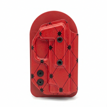 CAKES CONCEALED PRINTED RED HOLSTER ON A RED VELCRO BACKER.