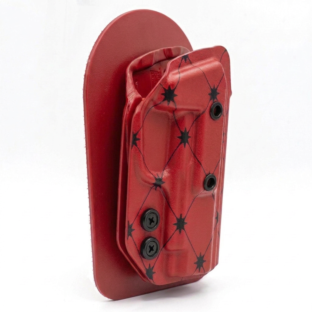 CAKES CONCEALED PRINTED RED HOLSTER ON A RED VELCRO BACKER SIDE ANGLE.