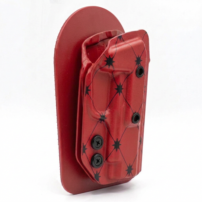 CAKES CONCEALED PRINTED RED HOLSTER ON A RED VELCRO BACKER SIDE ANGLE.