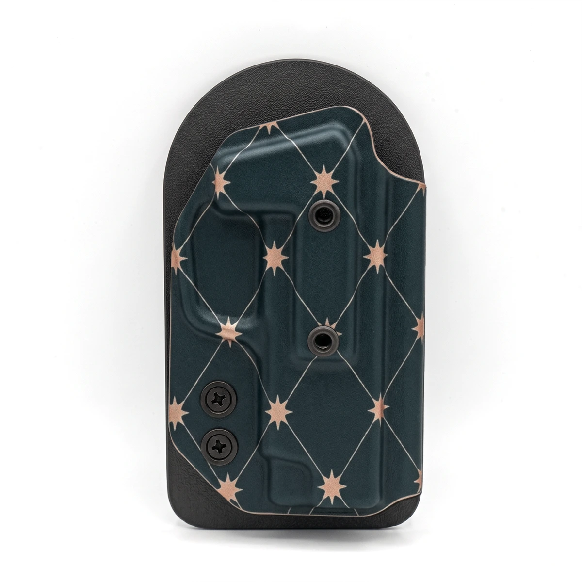 CAKES CONCEALED ROSE GOLD PREMIUM HOLSTER ON A BLACK VELCRO BACKER.
