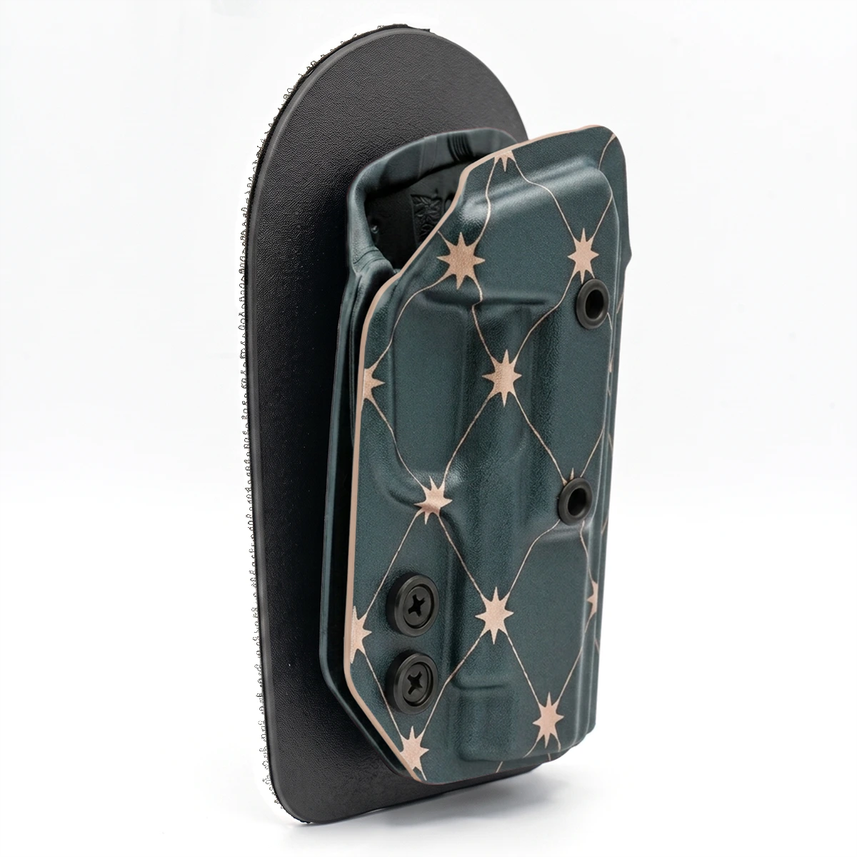 CAKES CONCEALED ROSE GOLD PREMIUM HOLSTER ON A BLACK VELCRO BACKER ANGLED.