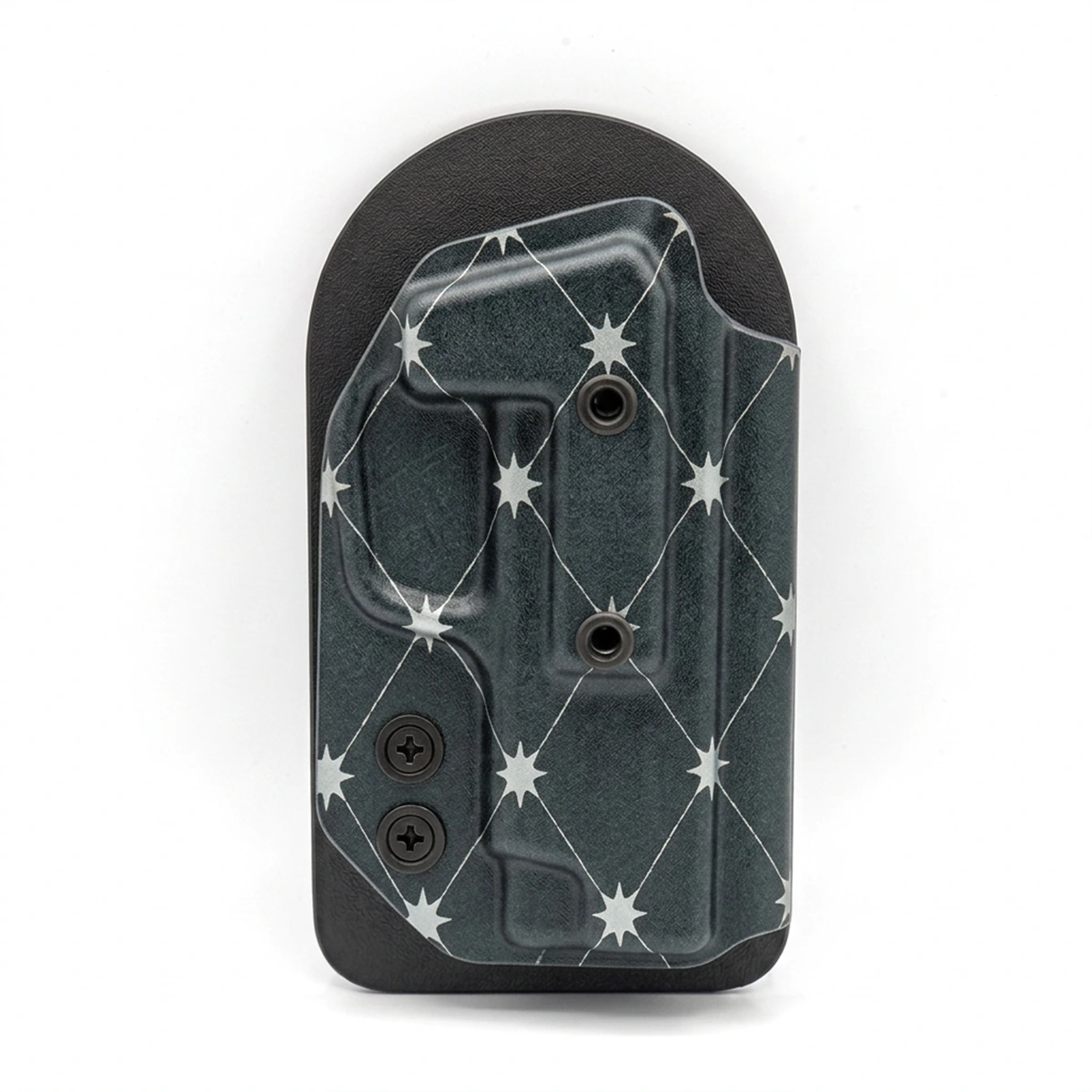 CAKES CONCEALED SILVER PREMIUM HOLSTER ON A BLACK VELCRO BACKER.