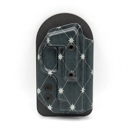 CAKES CONCEALED SILVER PREMIUM HOLSTER ON A BLACK VELCRO BACKER.