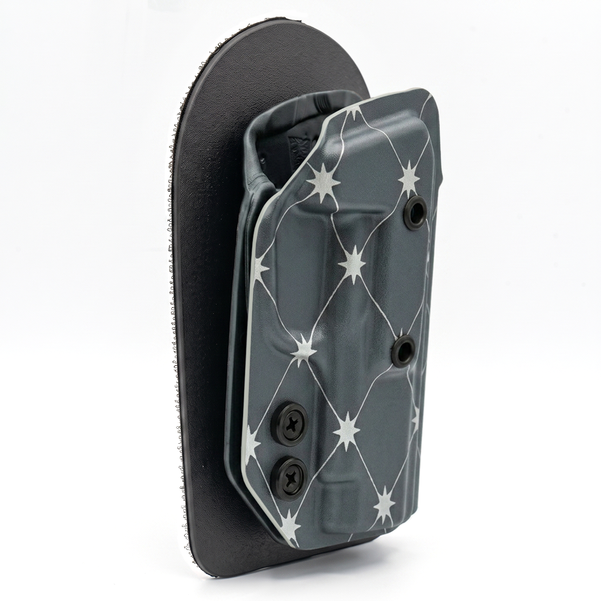 CAKES CONCEALED SILVER PREMIUM HOLSTER ON A BLACK VELCRO BACKER ANGLED.