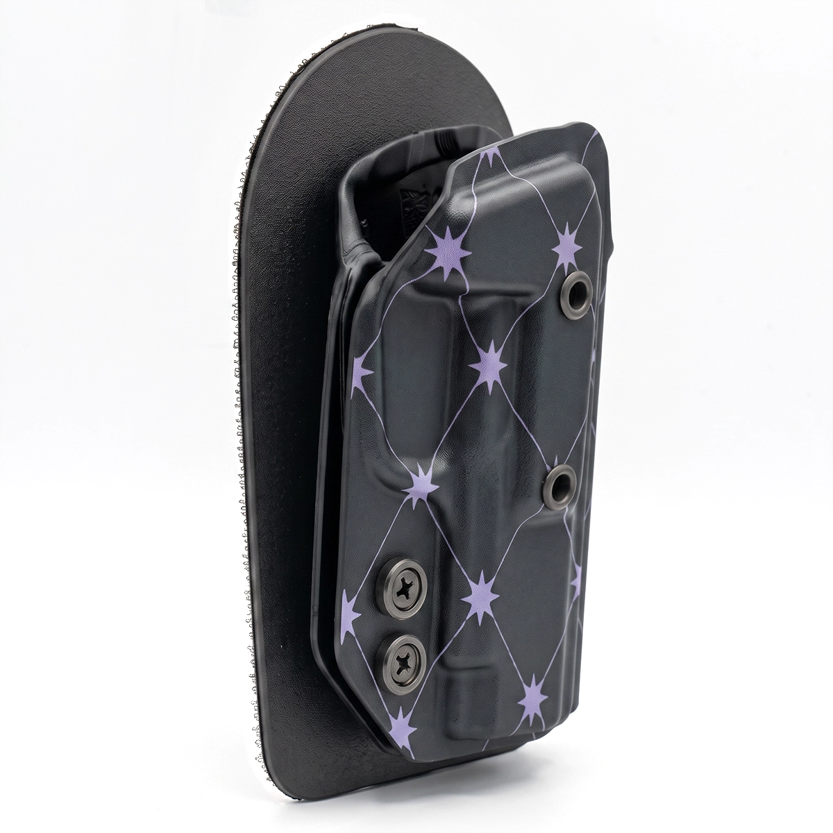 CAKES CONCEALED TARO PREMIUM HOLSTER ON A BLACK VELCRO BACKER ANGLED.