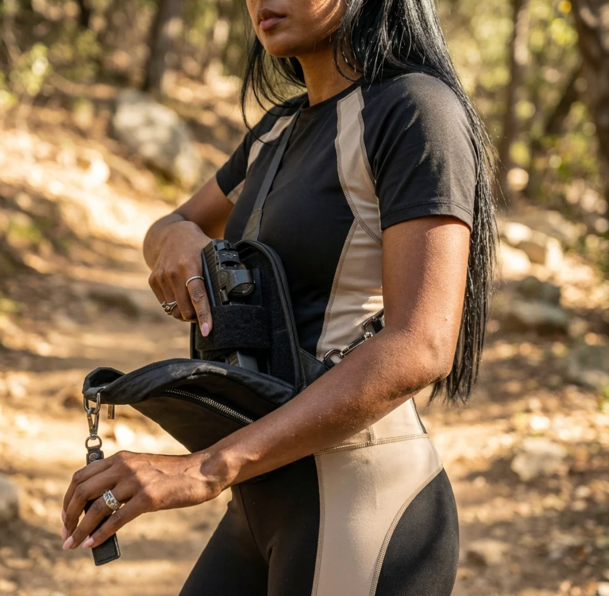 woman putting a pistol out of a black concealed carry bag